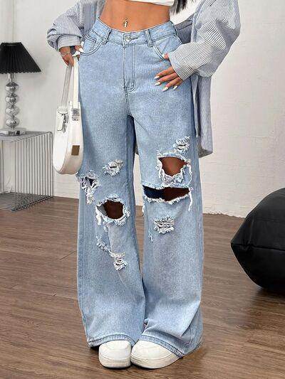 Distressed Wide Leg Jeans with Pockets for Women - Selvanelle