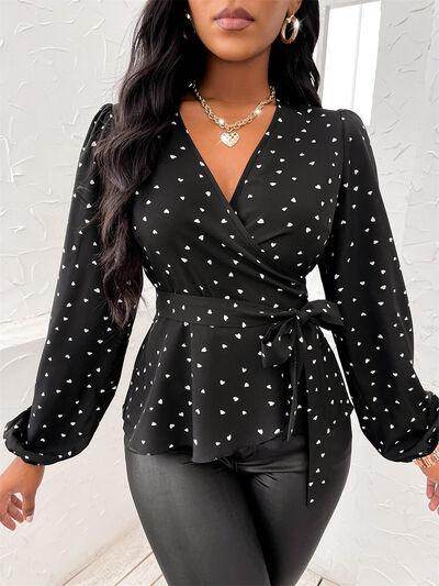 Heart Print Surplice Balloon Sleeve Blouse for Women - Selvanelle