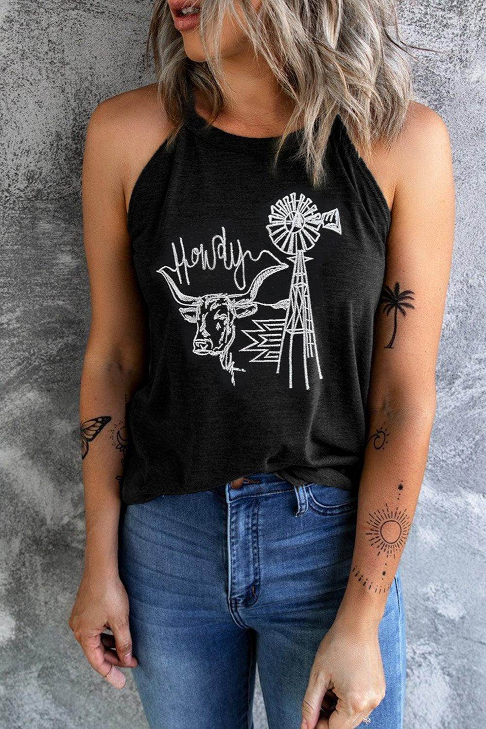 Bull Graphic Round Neck Tank Top for Women Stylish Fit - Selvanelle