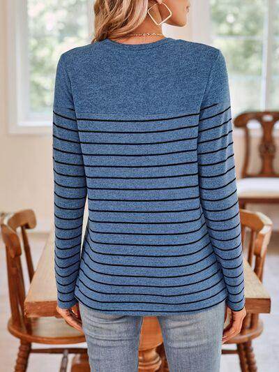 Lovelet Quarter Button Striped Round Neck Long Sleeve T-Shirt - Selvanelle