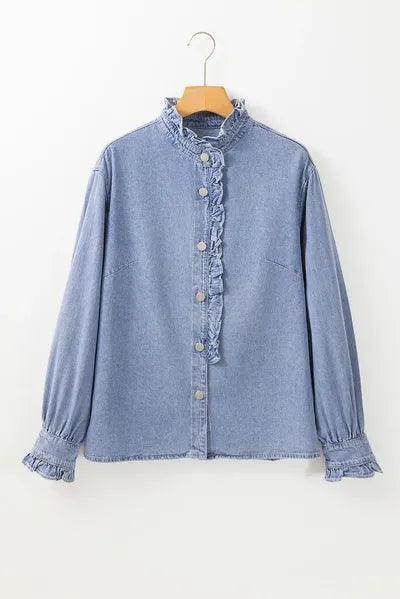 Frill Button Up Long Sleeve Denim Top for Stylish Women - Selvanelle