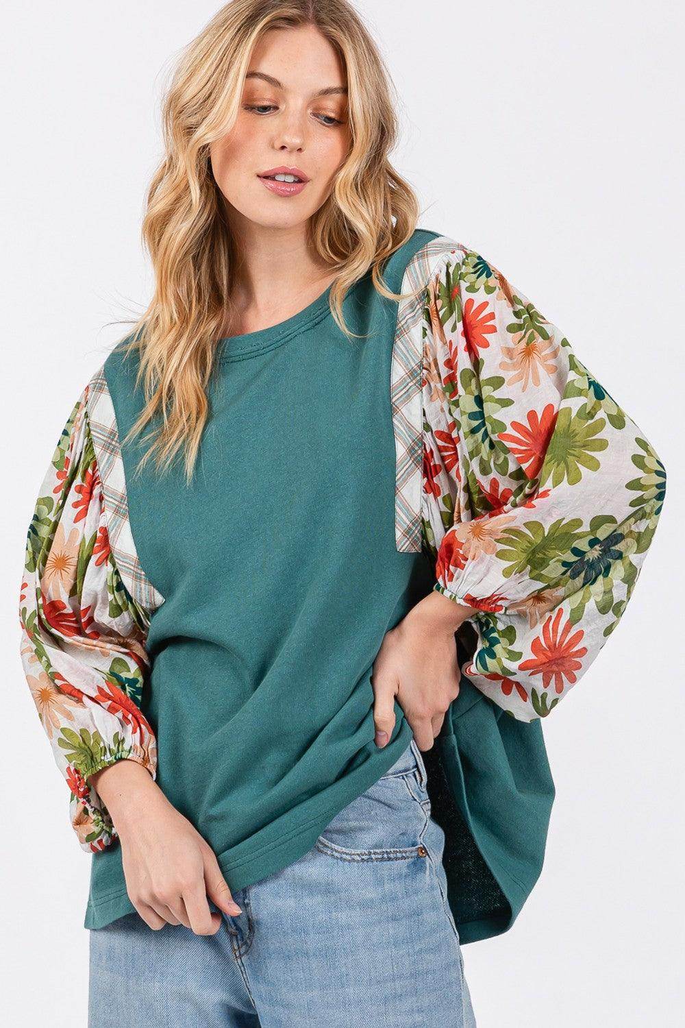 SAGE + FIG Full Size Printed Balloon Sleeve Contrast Top - Selvanelle