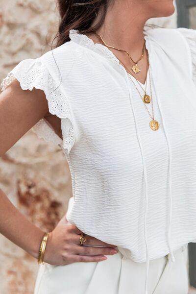 Ruffled Tie Neck Cap Sleeve Blouse for Stylish Women - Selvanelle