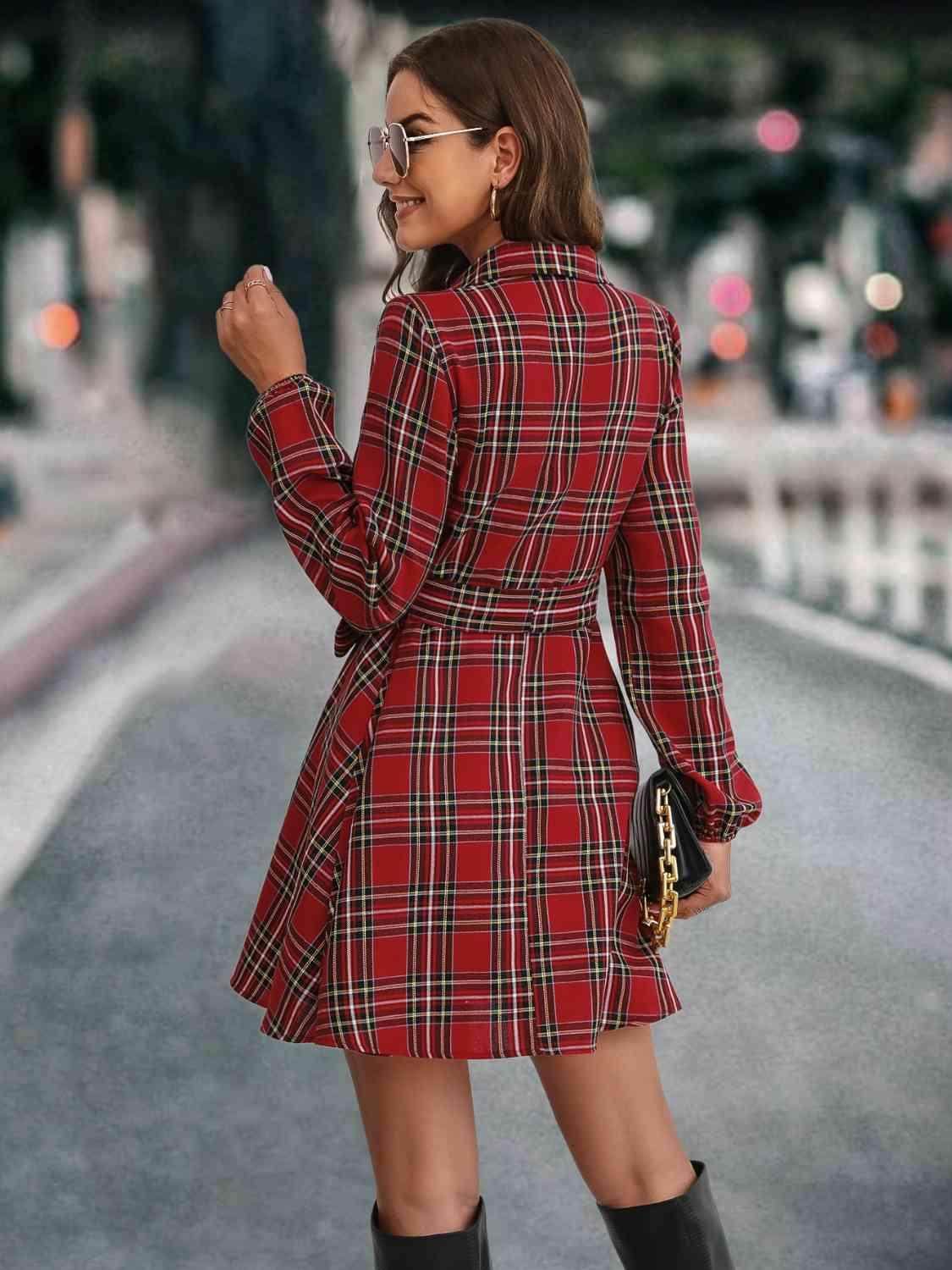 Plaid Tie Front Collared Neck Long Sleeve Dress For Women - Selvanelle