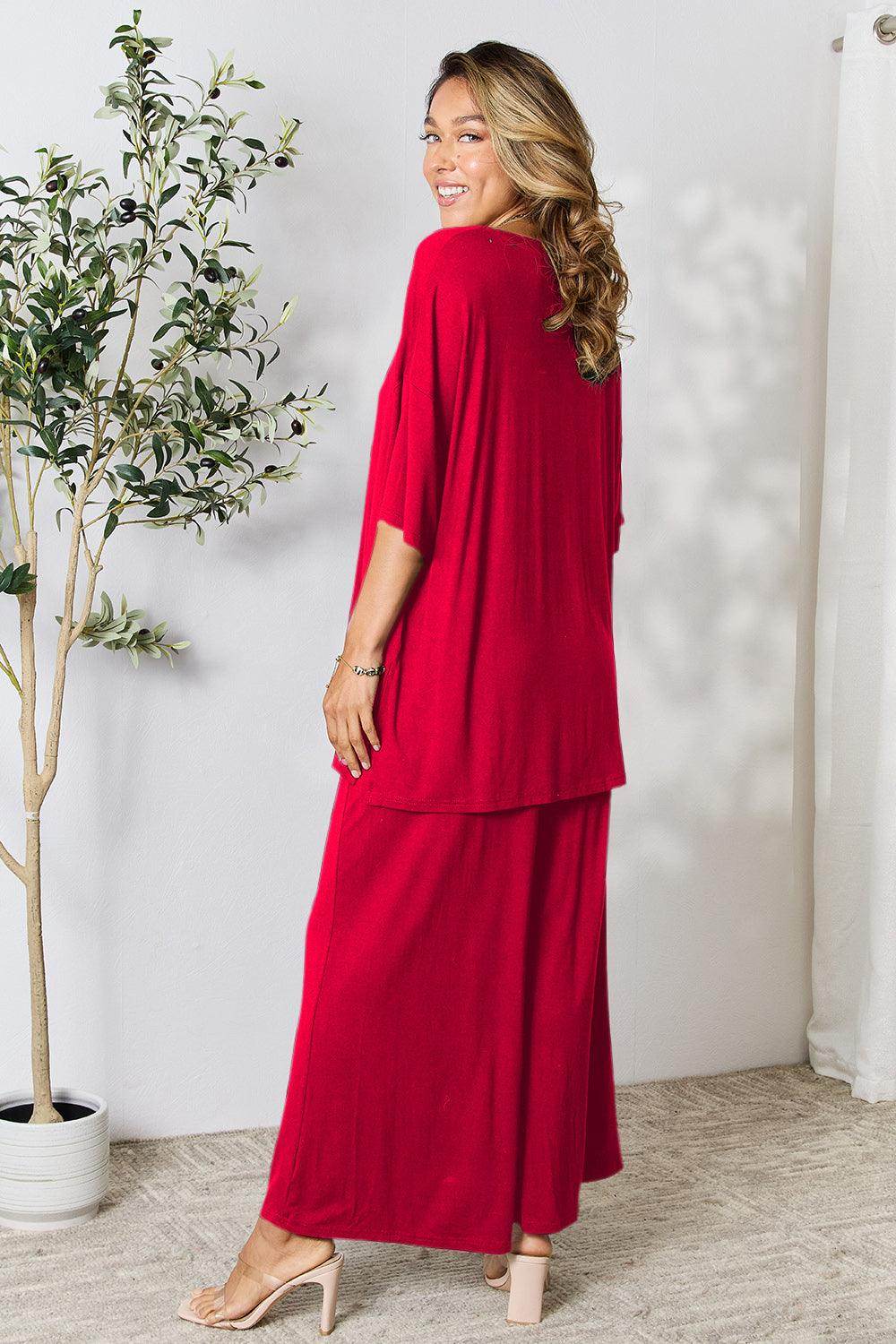Double Take Full Size Round Neck Slit Top and Pants Set - Selvanelle