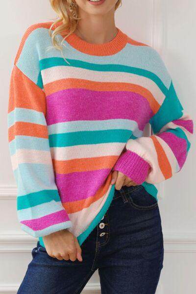 Striped Round Neck Drop Shoulder Sweater for Women - Selvanelle