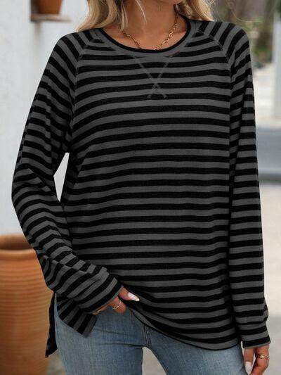 Mandy Striped Round Neck Long Sleeve T-Shirt for Women - Selvanelle