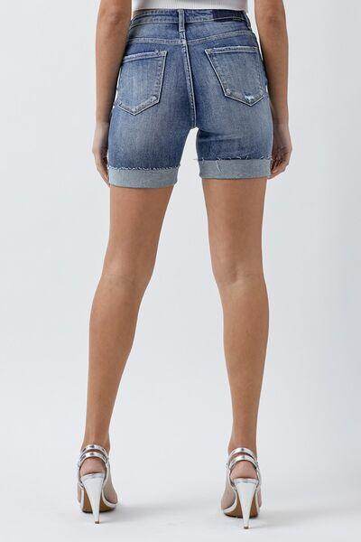 RISEN Full Size Distressed Rolled Denim Shorts with Pockets - Selvanelle