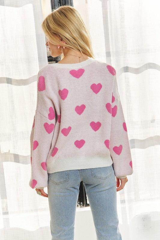 ADORA Heart Round Neck Drop Shoulder Sweater for Women - Selvanelle
