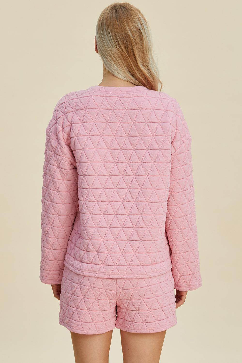 Double Take Full Size Texture Round Neck Long Sleeve Top and Shorts Set for Women - Selvanelle