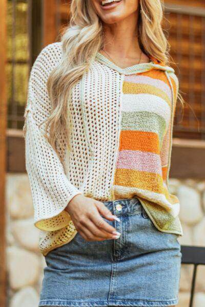 Openwork Color Block Hooded Sweater for Stylish Comfort - Selvanelle