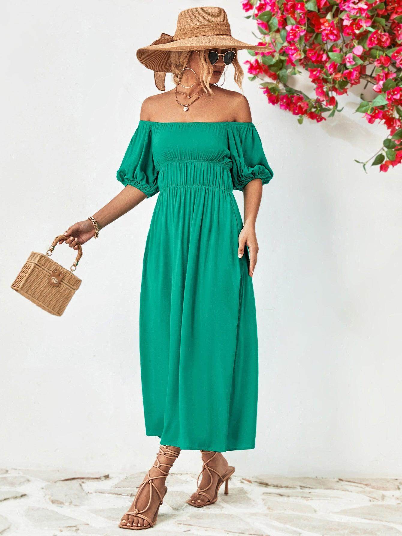Off-Shoulder Balloon Sleeve Midi Dress for Chic Style - Selvanelle