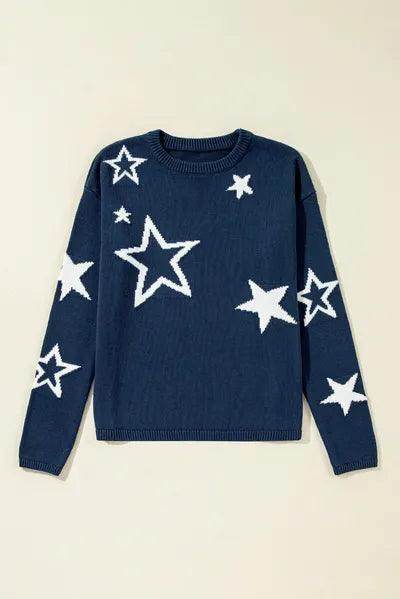 Star Round Neck Long Sleeve Sweater for Women Casual Wear - Selvanelle