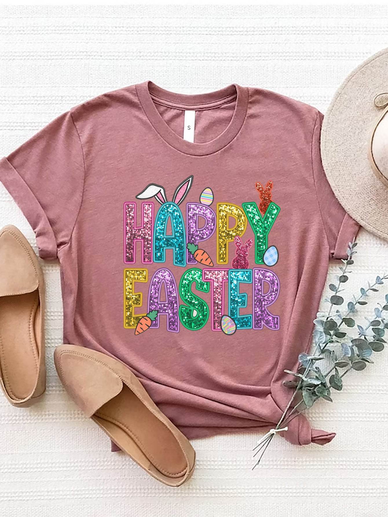 HAPPY EASTER Round Neck Short Sleeve T-Shirt - Selvanelle