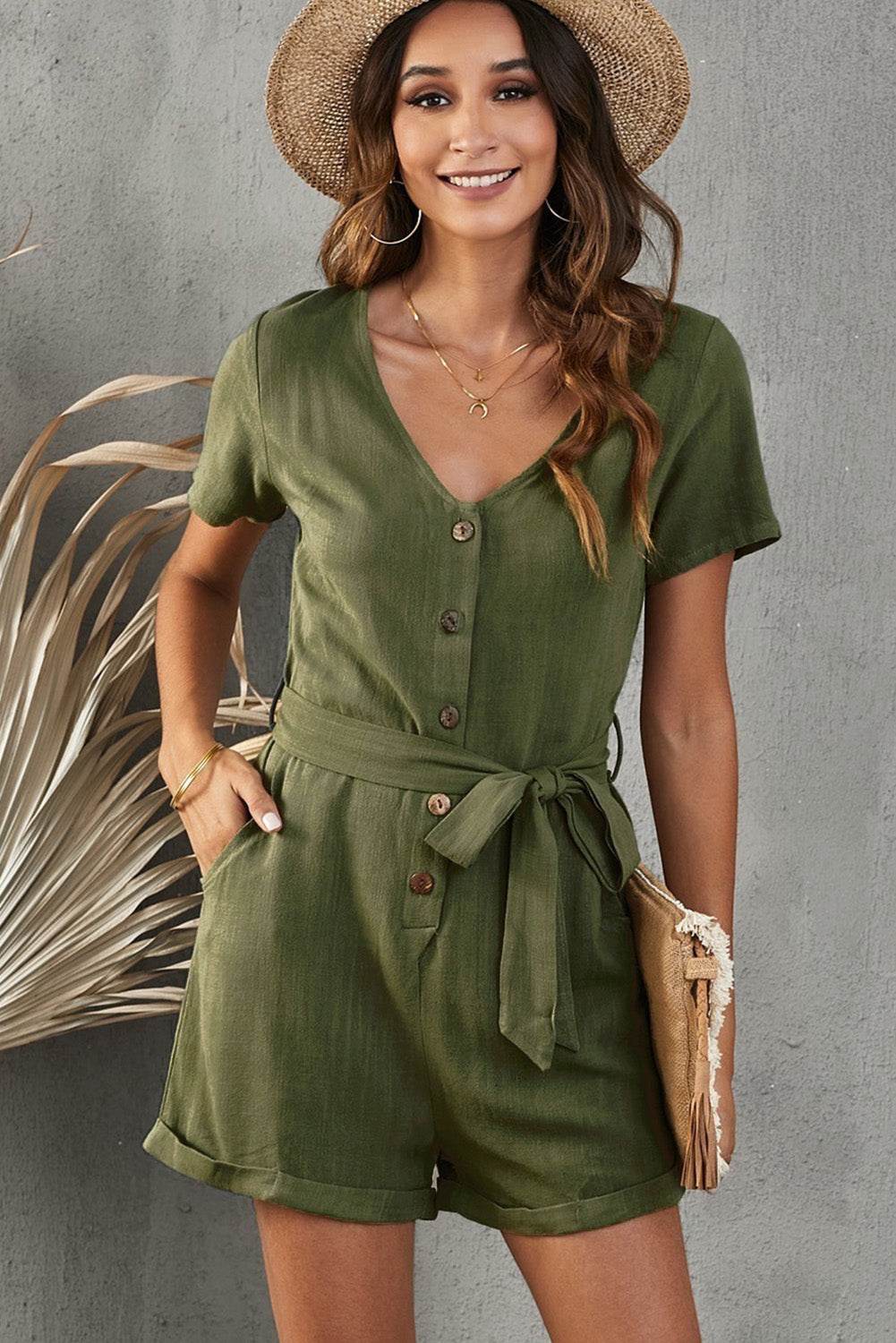 V-Neck Short Sleeve Tie Belt Romper with Pockets - Selvanelle