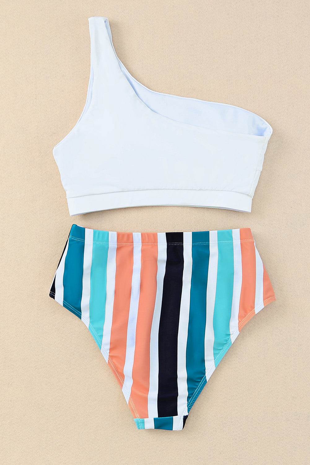 Striped One Shoulder Two-Piece Swim Set - Selvanelle