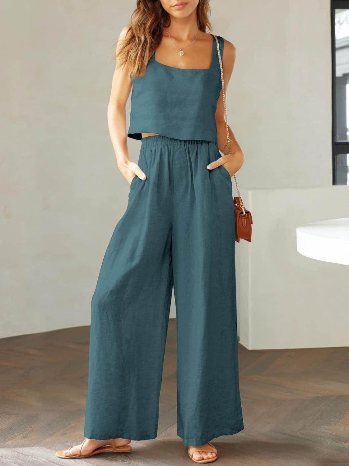 Square Neck Top and Wide Leg Pants Set for Women - Selvanelle