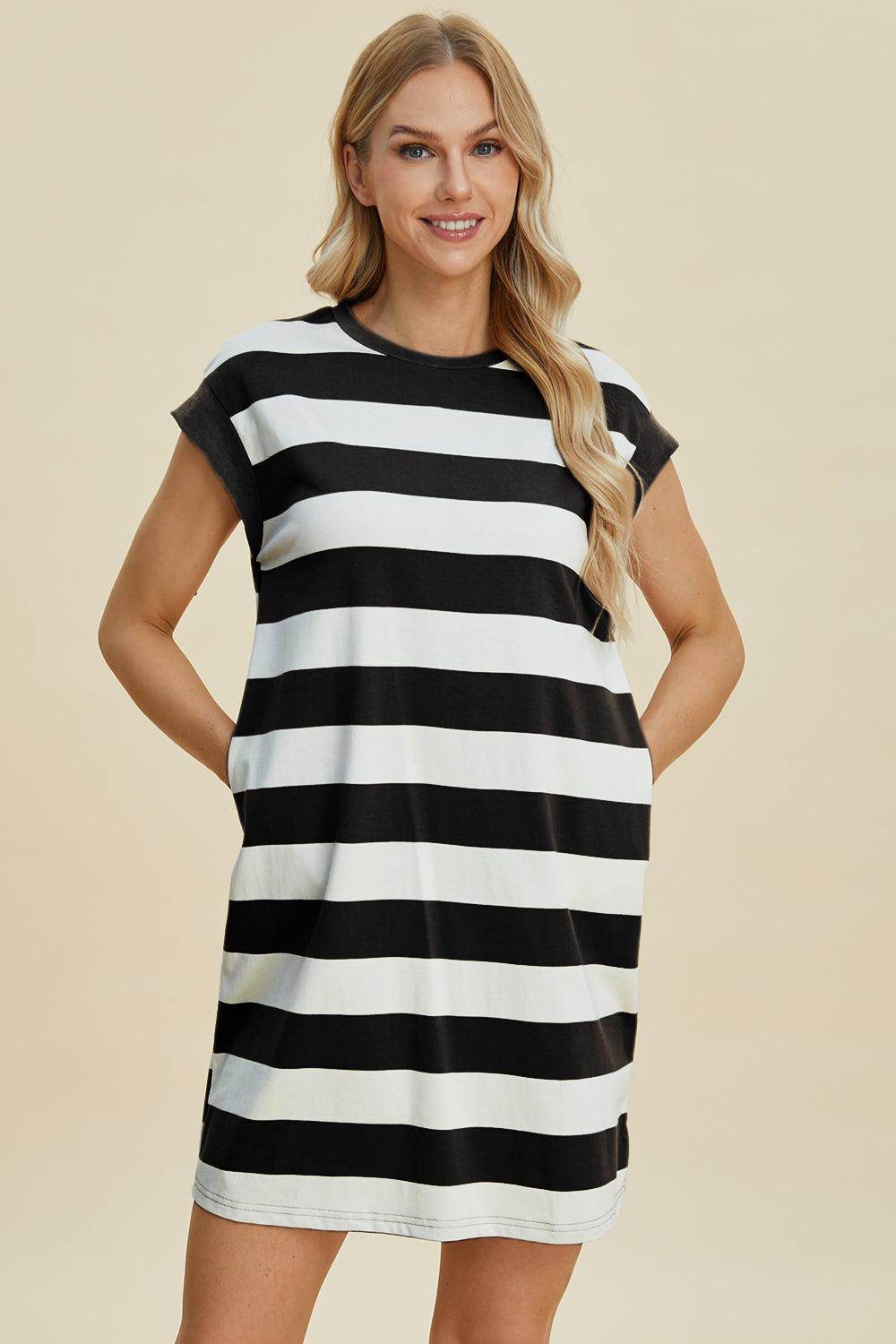 Basic Bae Full Size Striped Round Neck Cap Sleeve Mini Dress - Selvanelle