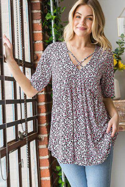 Heimish Full Size Short Sleeve Crisscross Animal Babydoll Top Plus Size - Selvanelle