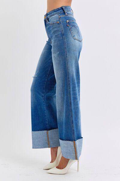Judy Blue Full Size Distressed High Waist Wide Leg Jeans - Selvanelle