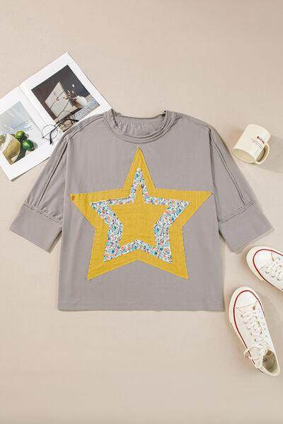Star Applique Round Neck T-Shirt for Stylish Casual Wear - Selvanelle