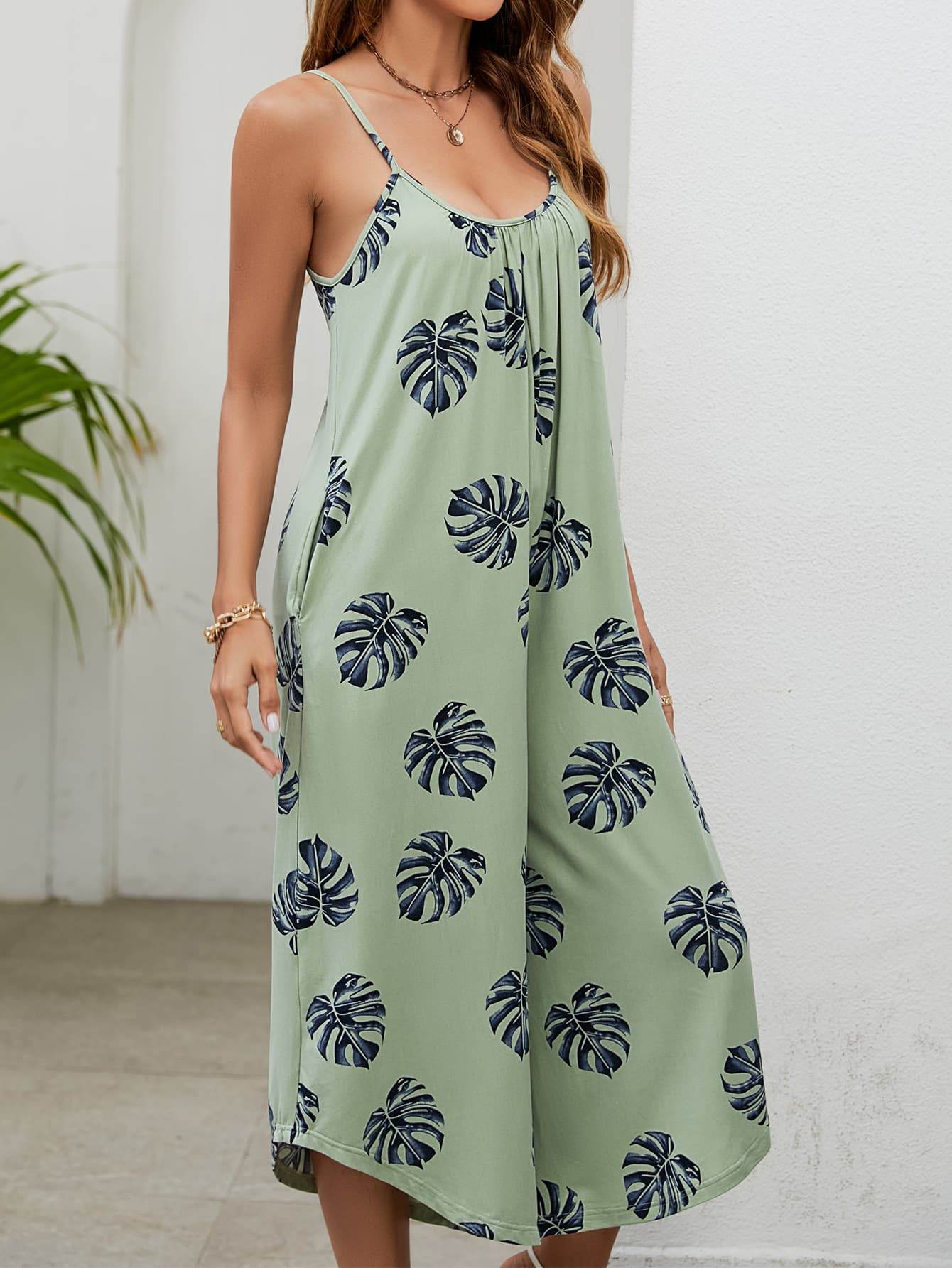 Botanical Print Spaghetti Strap Scoop Neck Jumpsuit - Selvanelle