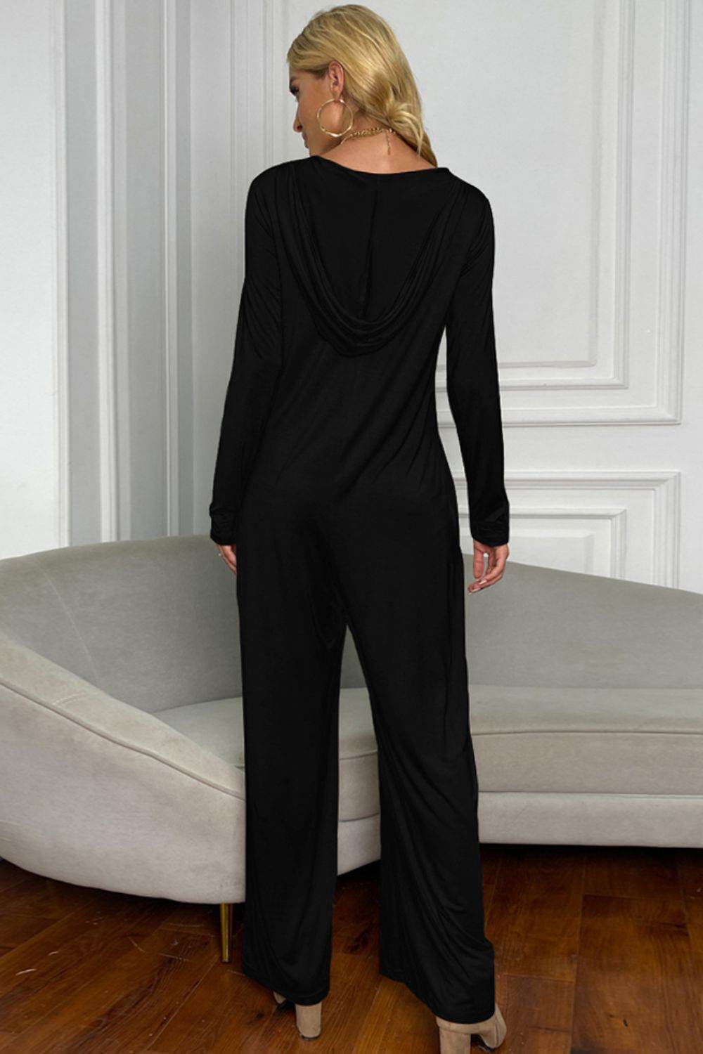 Shiny Long Sleeve V-Neck Jumpsuit with Pockets - Selvanelle