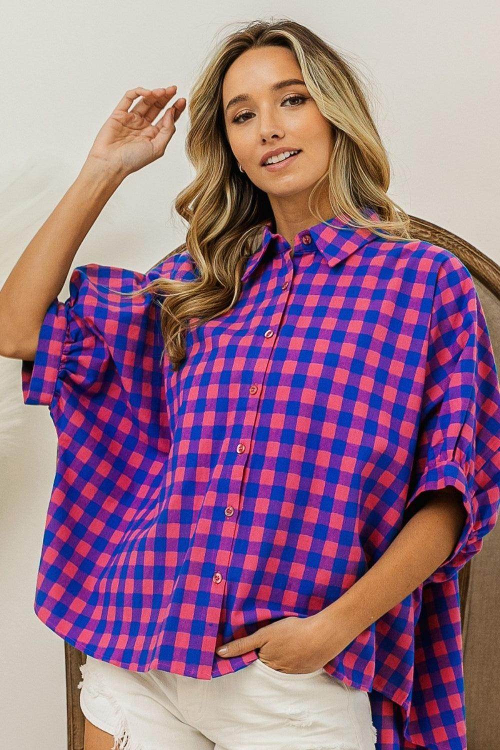 BiBi Plaid Button Up Dolman Sleeve Shirt for Women - Selvanelle