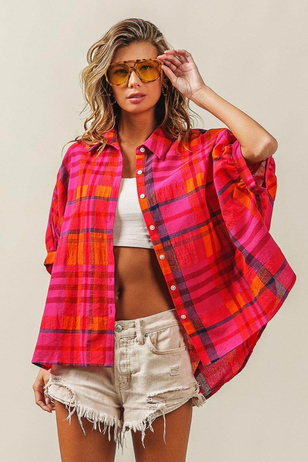 BiBi Button Up Dolman Sleeve Plaid Shirt for Women - Selvanelle