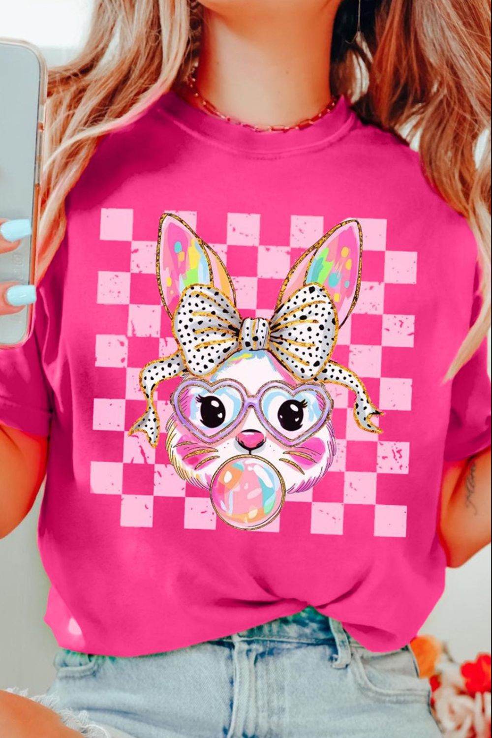 Rabbit Graphic Round Neck Short Sleeve T-Shirt - Selvanelle