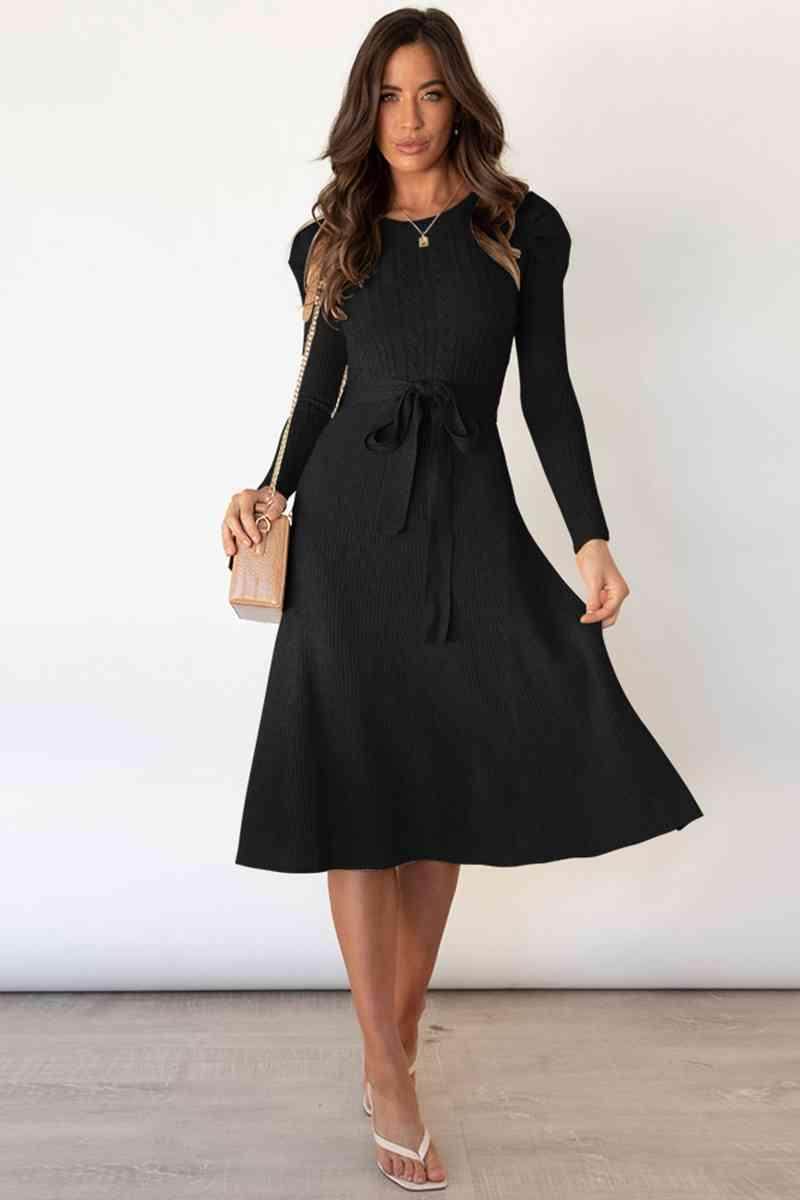 Round Neck Long Sleeve Tie Waist Sweater Dress for Women - Selvanelle