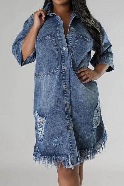 Distressed Raw Hem Button Up Denim Dress for Women - Selvanelle