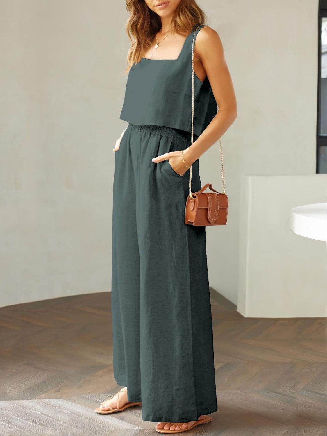 Square Neck Top and Wide Leg Pants Set for Women - Selvanelle