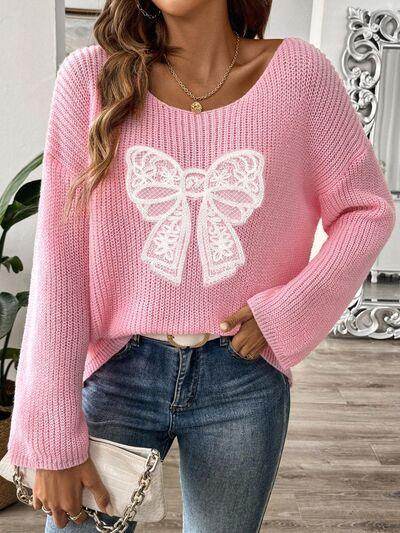 Bow Boat Neck Long Sleeve Sweater for Women Fashion - Selvanelle