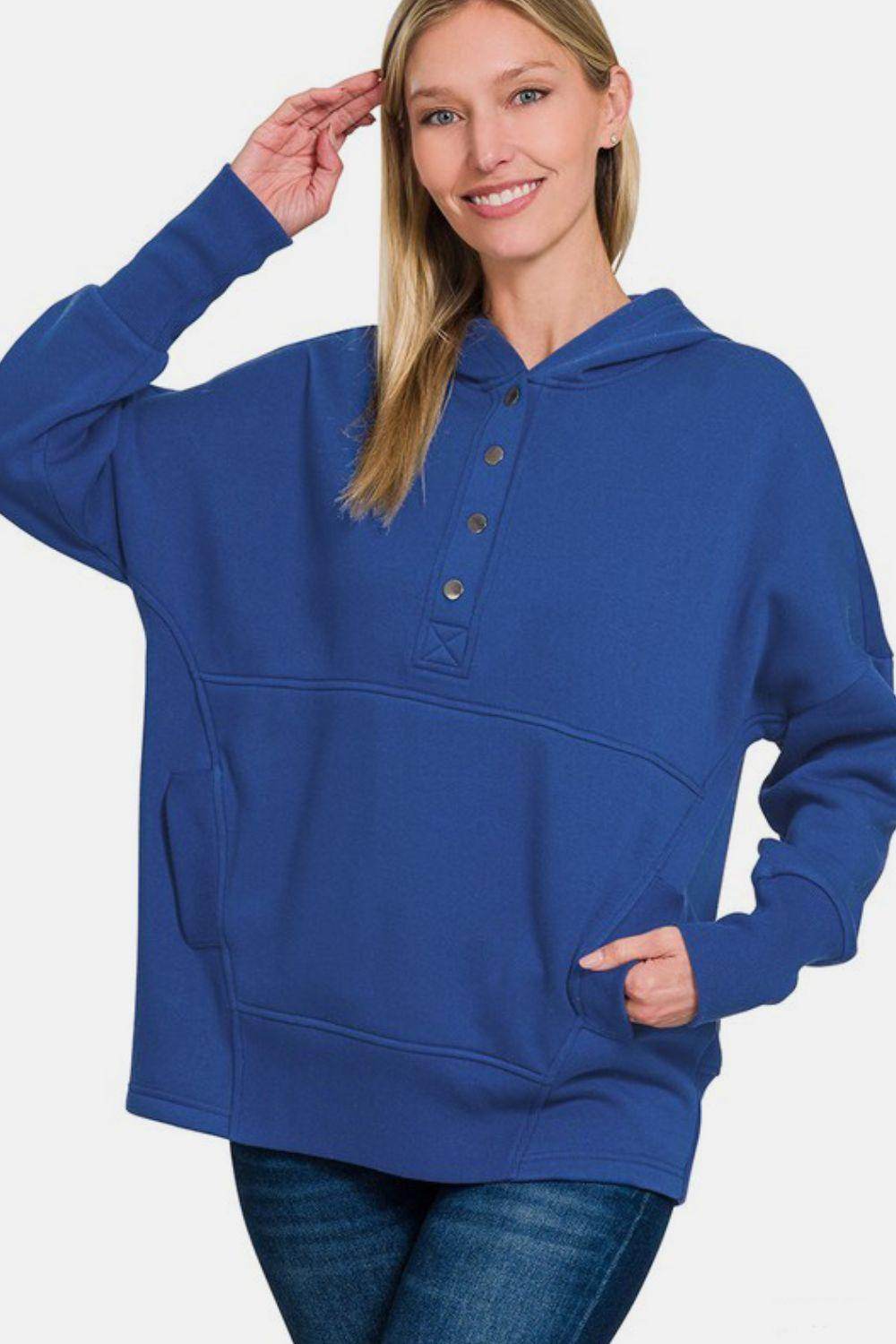 Zenana Half Snap Long Sleeve Hoodie With Kangaroo Pocket - Selvanelle