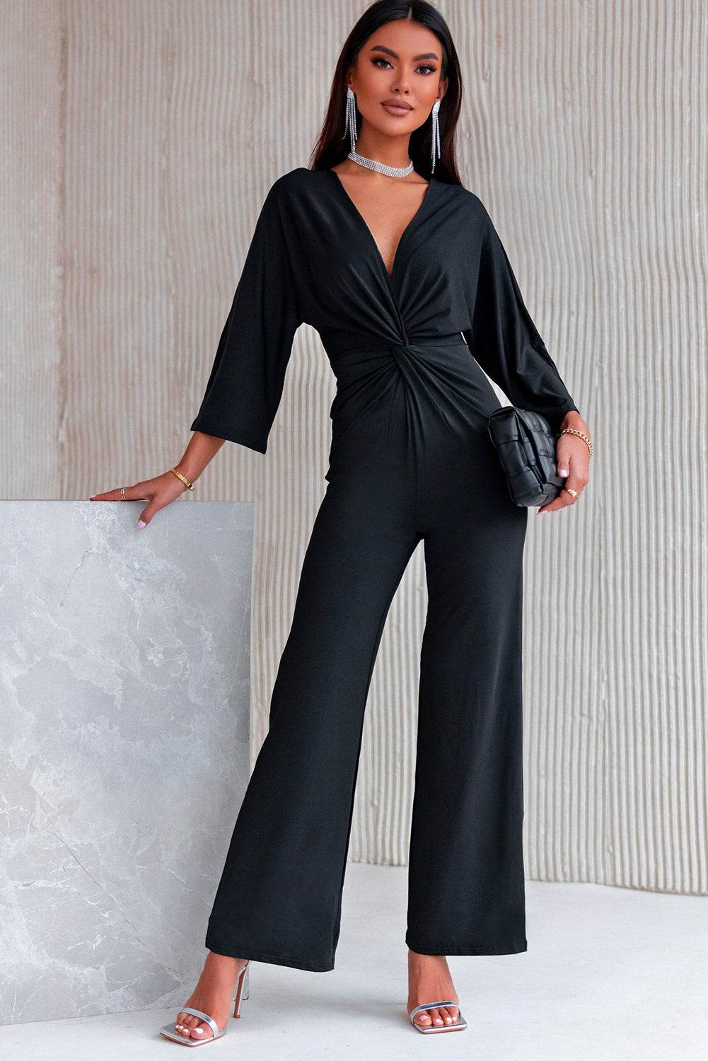 Twisted Plunge Three-Quarter Sleeve Jumpsuit - Selvanelle