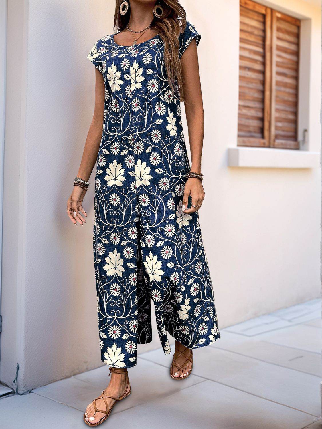 Perfee Printed Round Neck Cap Sleeve Wide Leg Jumpsuit - Selvanelle