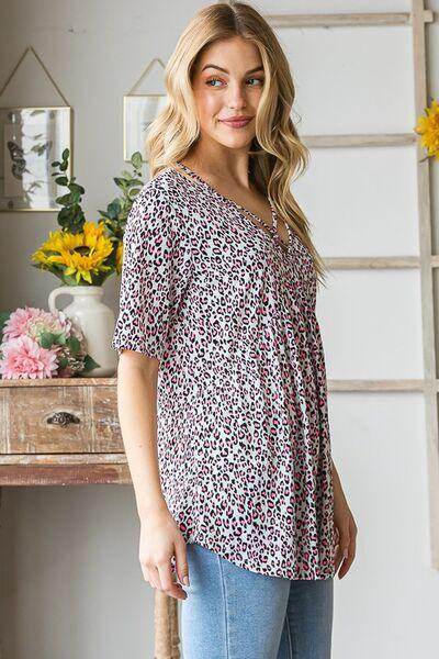 Heimish Full Size Short Sleeve Crisscross Animal Babydoll Top Plus Size - Selvanelle