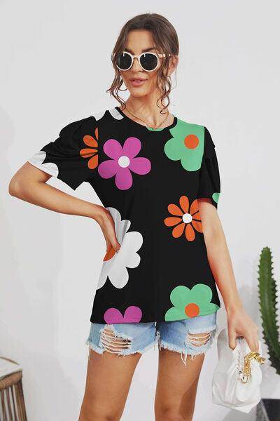 FAM-FAM Flower Round Neck Short Sleeve Blouse for Women - Selvanelle