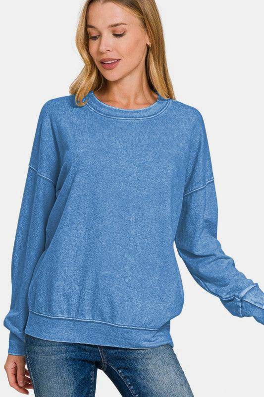 Zenana Washed Round Neck Dropped Shoulder Sweatshirt Cozy - Selvanelle