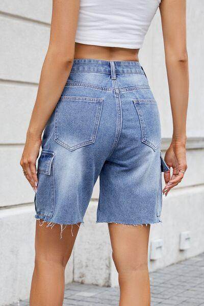 Raw Hem Washed Denim Shorts with Cargo Pockets for Women - Selvanelle