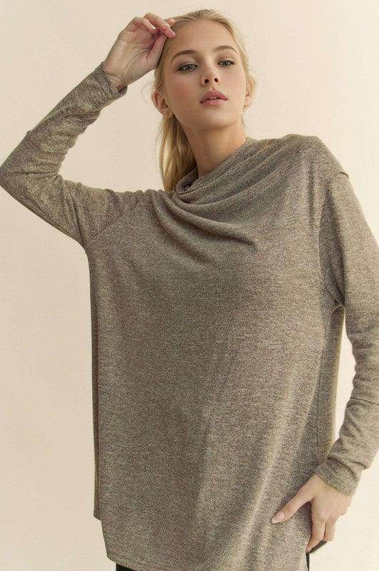 Davi & Dani Slit Mock Neck Long Sleeve Top for Women - Selvanelle