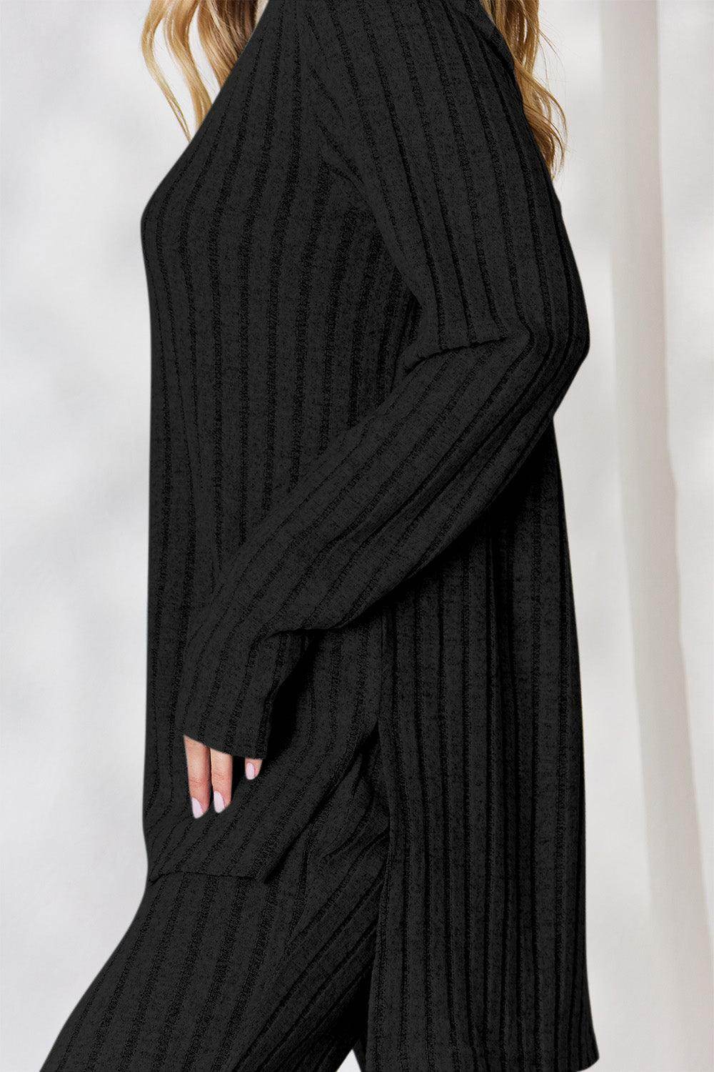 Basic Bae Full Size Ribbed High-Low Top and Wide Leg Pants Set - Selvanelle