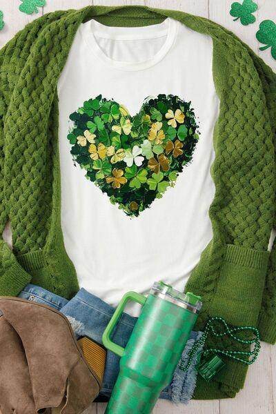 Clover Heart Round Neck Short Sleeve T-Shirt for Women - Selvanelle