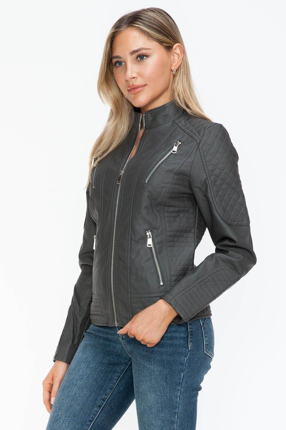 Snobbish Faux Leather Zip Up Mock Neck Jacket for Women - Selvanelle