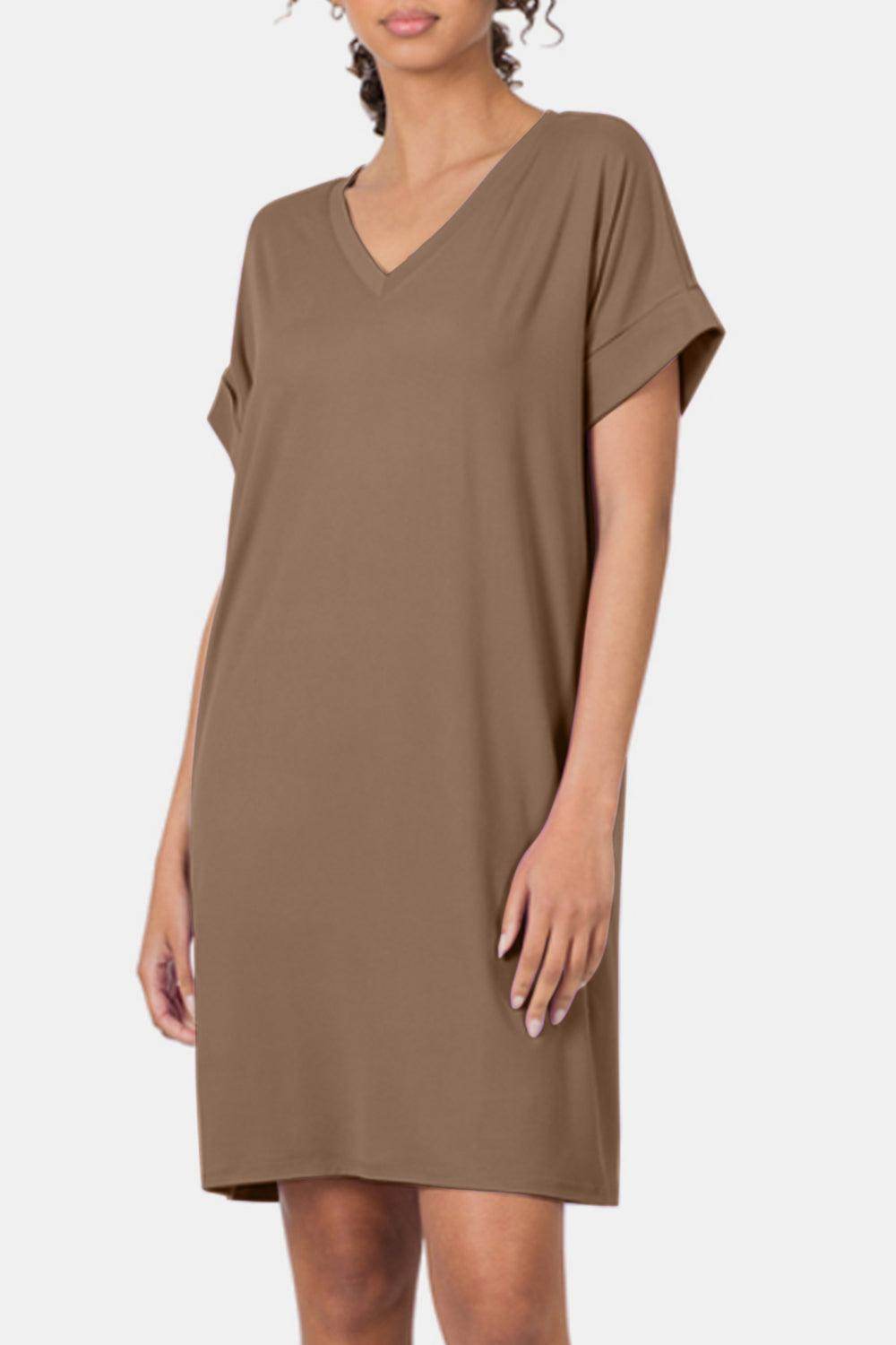 Zenana Rolled Short Sleeve V-Neck Dress for Casual Style - Selvanelle