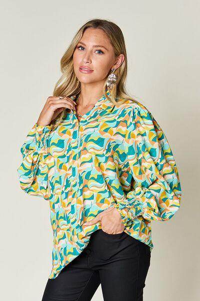 Double Take Full Size Printed Smocked Long Sleeve Blouse - Selvanelle