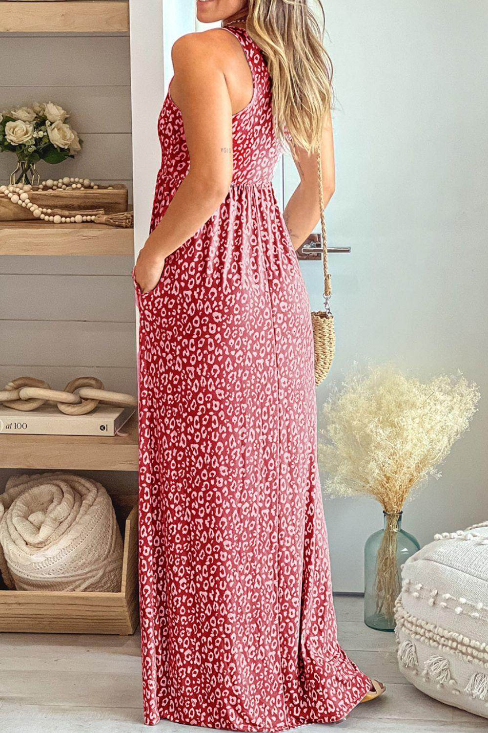 Leopard Round Neck Sleeveless Maxi Dress for Women - Selvanelle