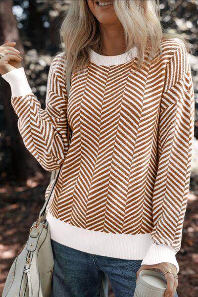 Striped Round Neck Long Sleeve Sweater for Women Fashion - Selvanelle