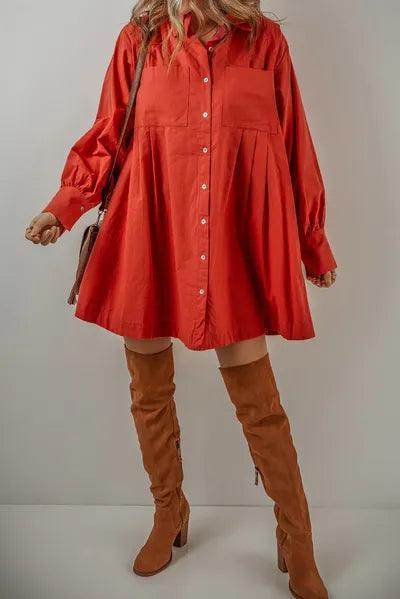 Pocketed Button Down Long Sleeve Shirt Dress for Women - Selvanelle